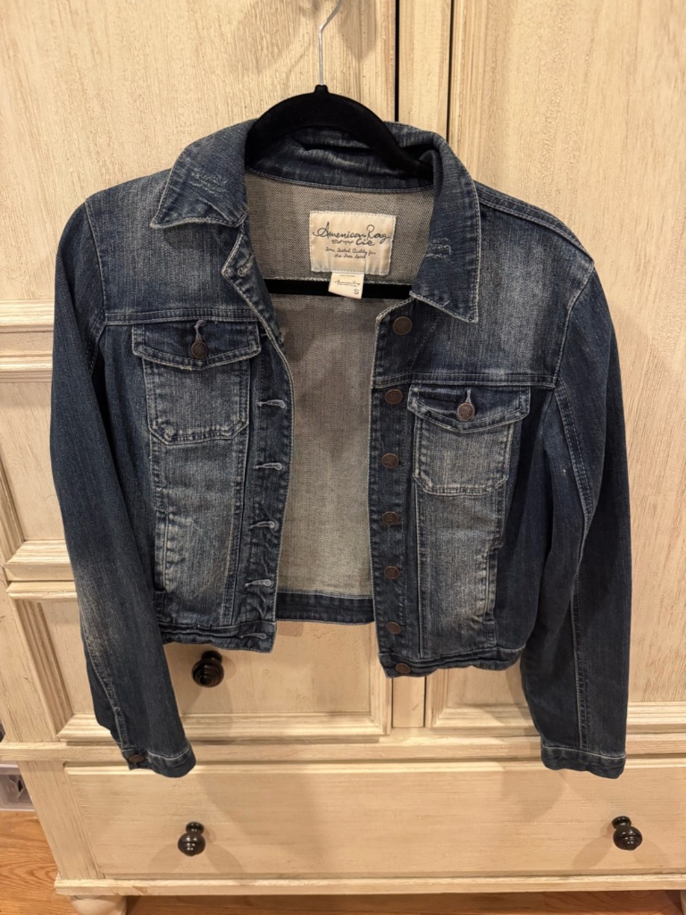 American Rag Distressed Dark Blue Cropped Denim Jacket
